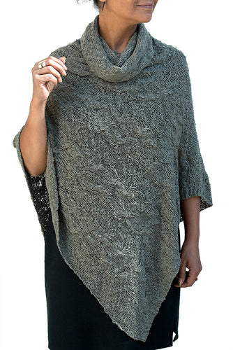 Cowl Neck Cable Knit Pointed Front Poncho